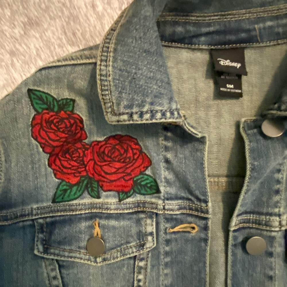 Disney Women's Blue Denim Jacket with Red Floral Design